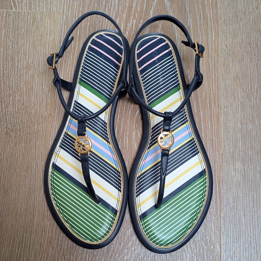 NIB Tory Burch Navy T-Strap Sandals with Multicolor Stripes